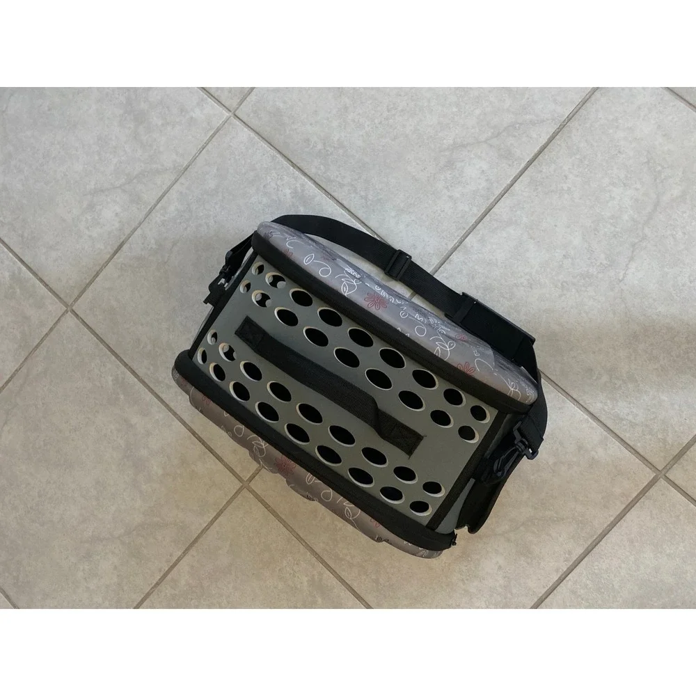 Gray Floral Paw Print Soft Sided Pet Carrier Small Dog Cat Travel Bag Mesh Vent